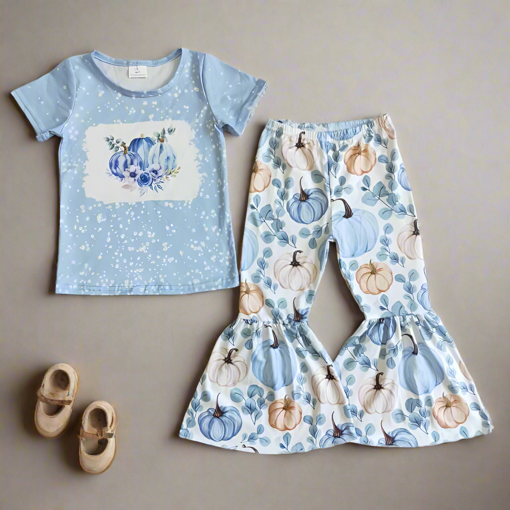 Blue Floral Pumpkin Bleached Top W/ Bells