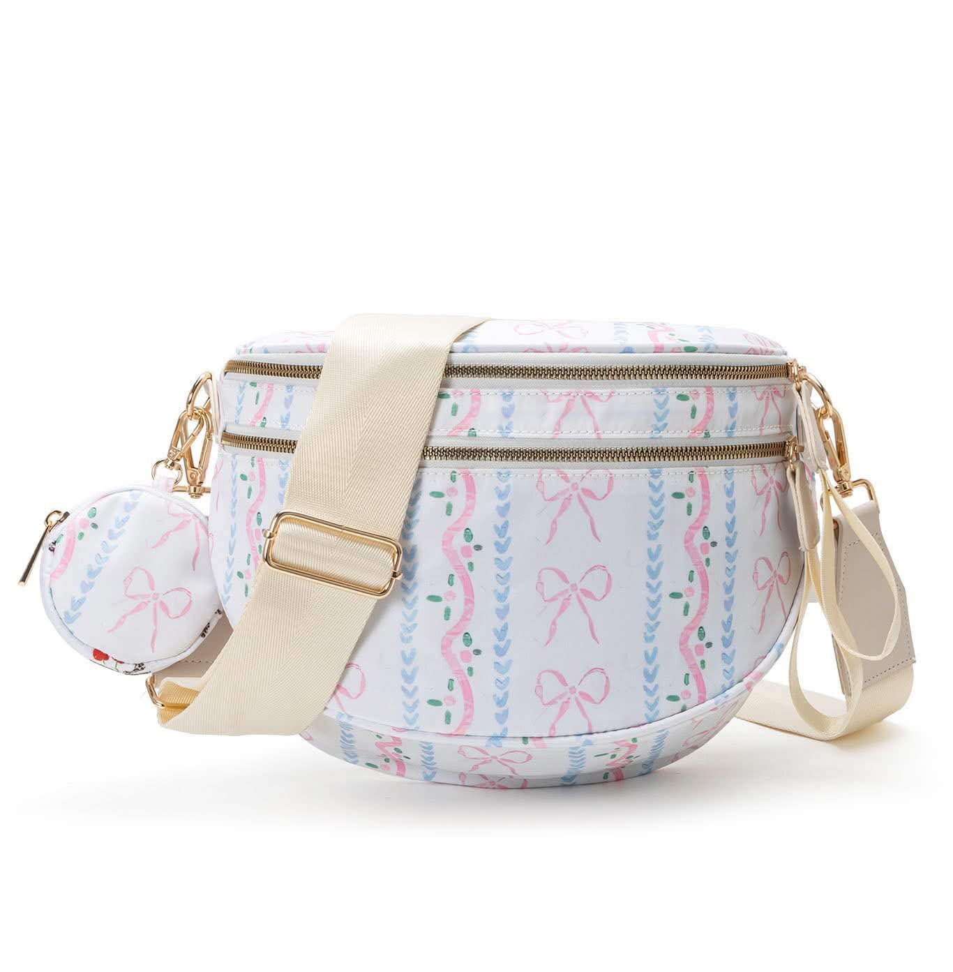 Pink Bow Blue White XL Crossbody Bag + Coin Purse