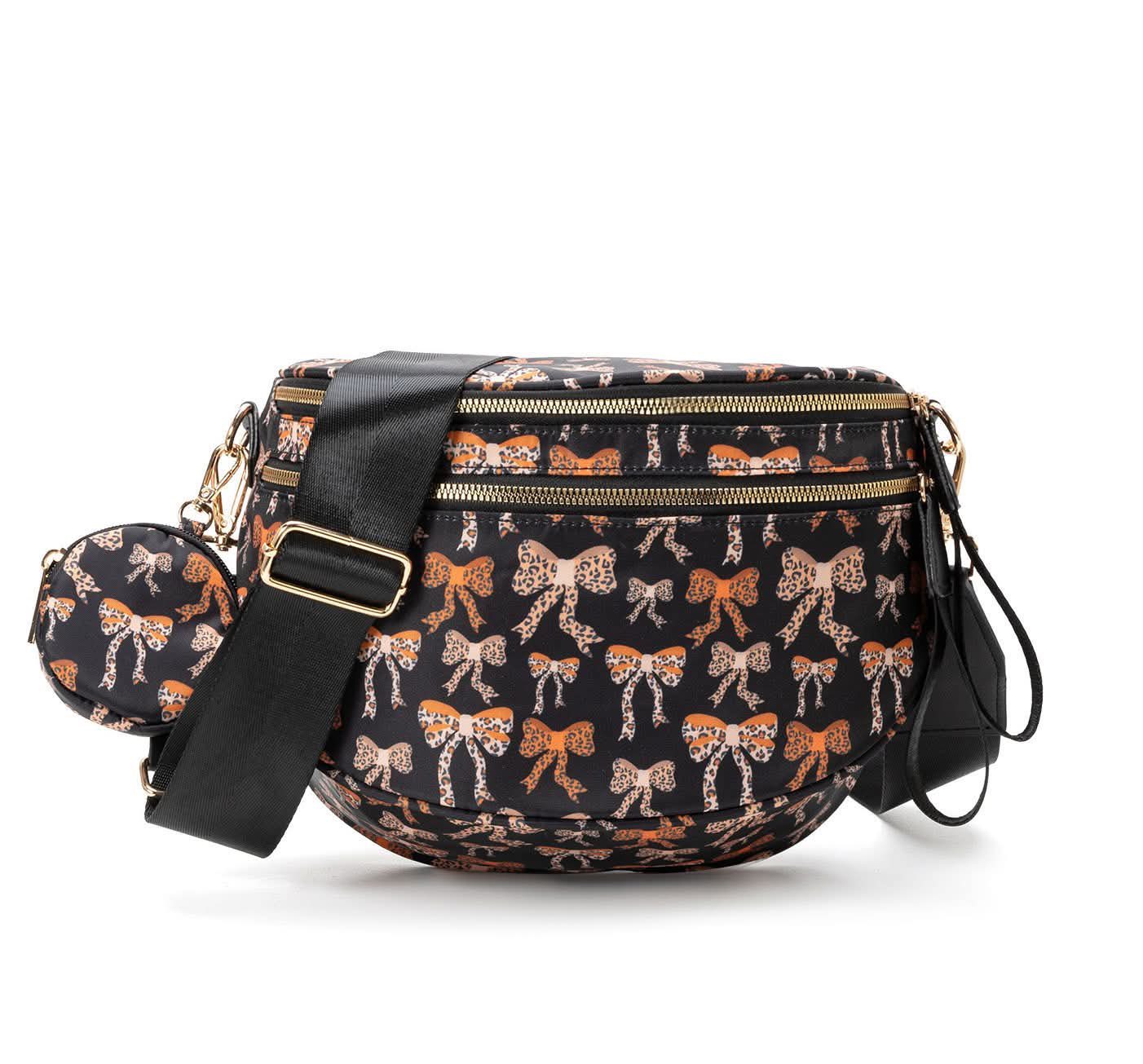 Orange Leopard Bow Black XL Crossbody Bag + Coin Purse