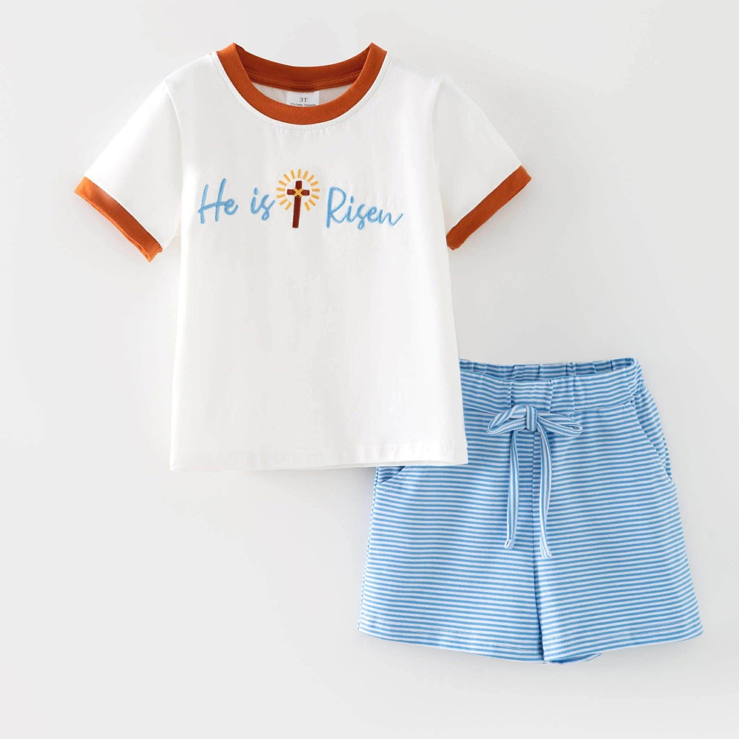 He Is Risen Top W/ Blue Striped Shorts