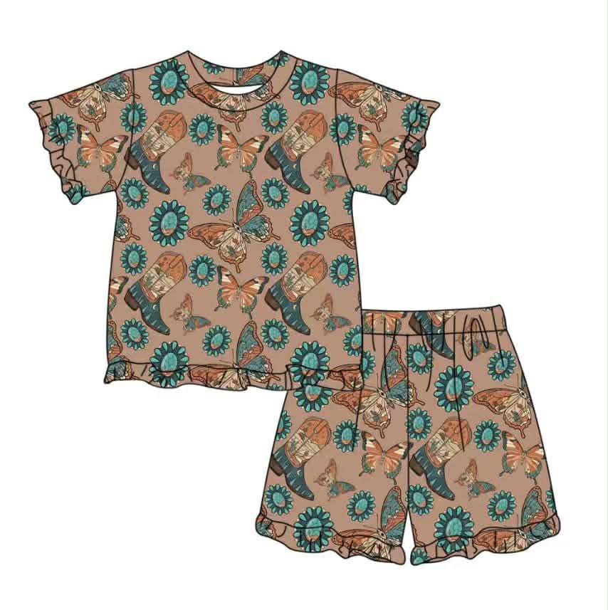 Cowgirl Boot Butterfly Gem Ruffle Top W/ Shorts