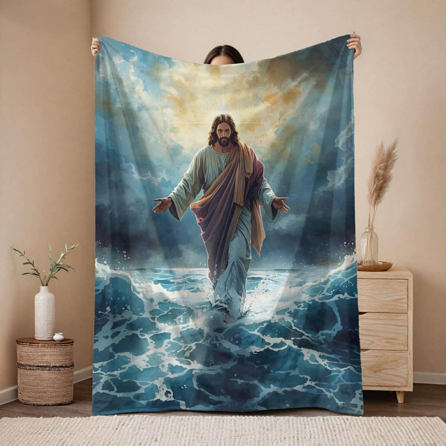 Jesus Walking Through The Storm On Water Fleece Blanket