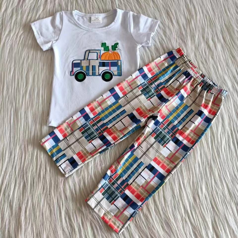 Appliqué Pumpkin Truck Top W/ Plaid Pants