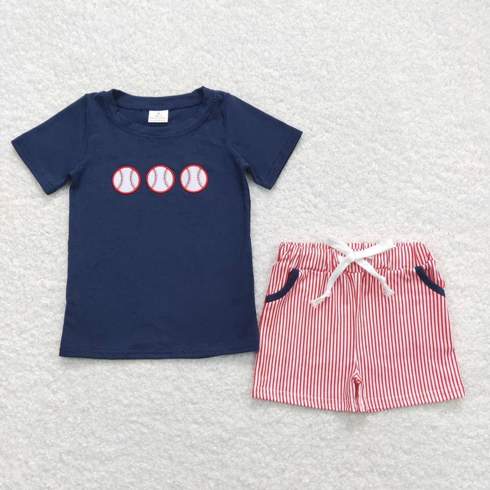 Navy Blue Baseball Top W/ Red Striped Shorts