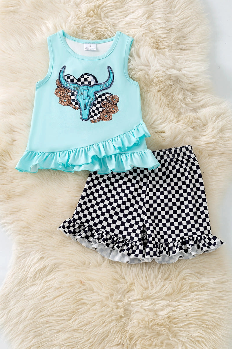 Western Steer Sleeveless Top W/ Checkered Ruffle Shorts