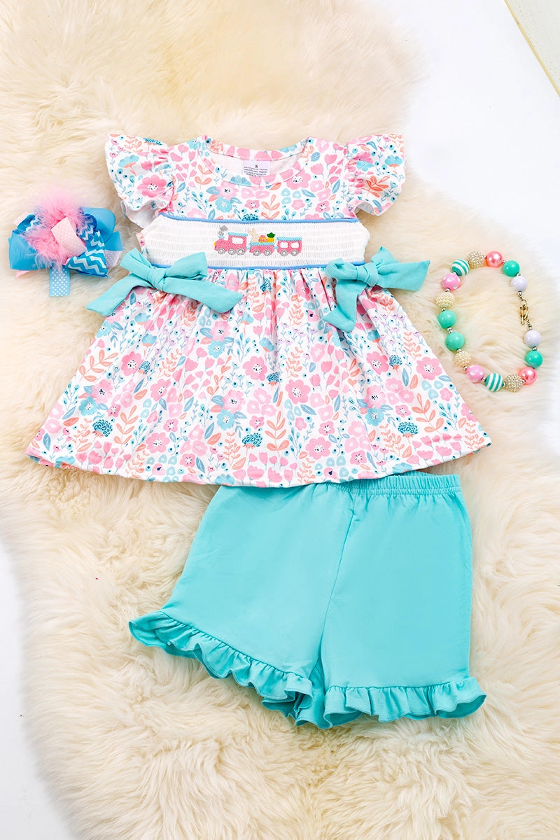 Floral Smock Easter Top W/ Blue Shorts