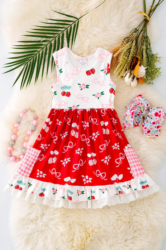 Bow Strawberry Ruffle Hem Dress