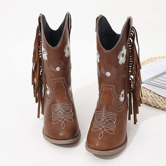 Embroidered Flower Fringe Cowgirl Boots