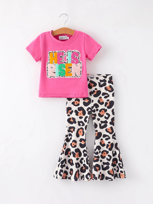 He Is Risen Applique Pink Top W/ Leopard Bells