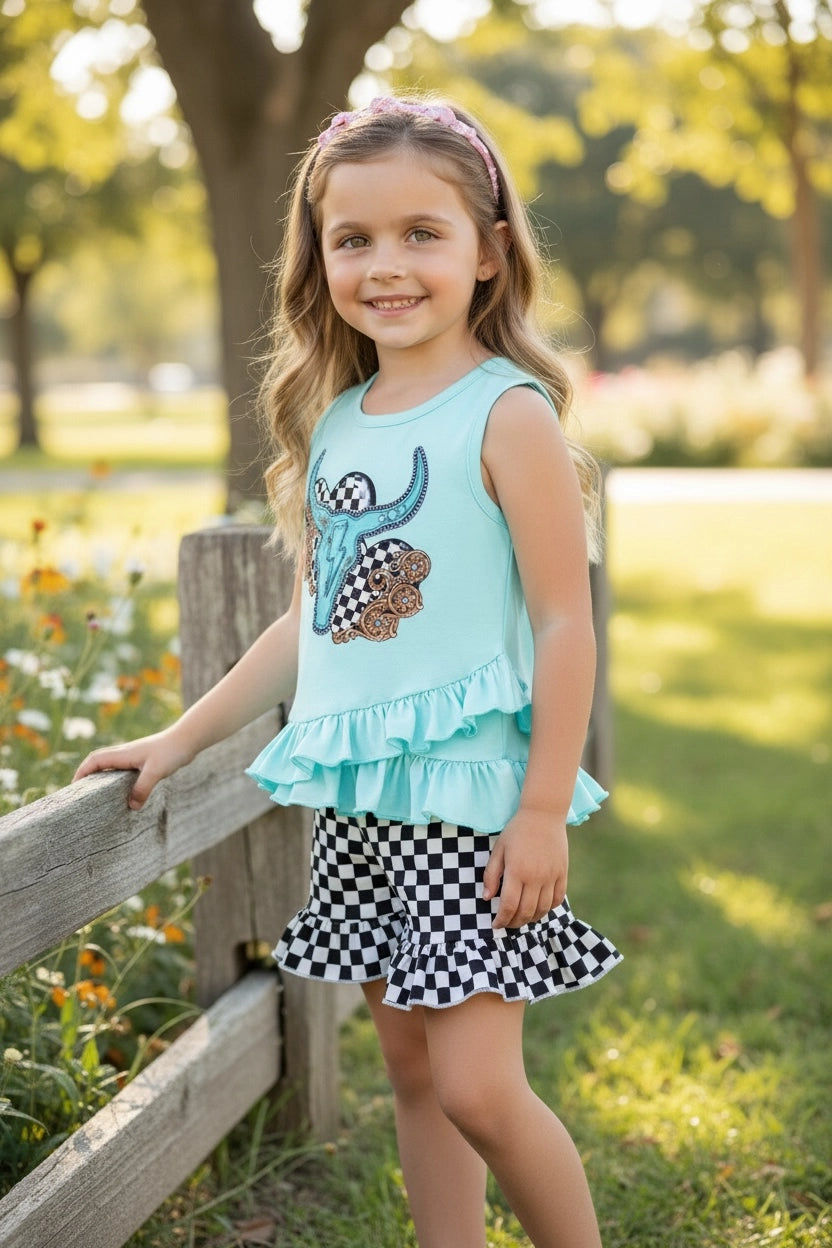 Western Steer Sleeveless Top W/ Checkered Ruffle Shorts