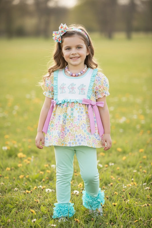 Floral Easter Applique Top W/ Ruffle Leggings