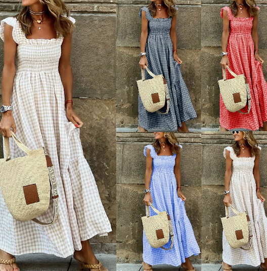 Elegant Plaid Maxi Long Ruffle Dress