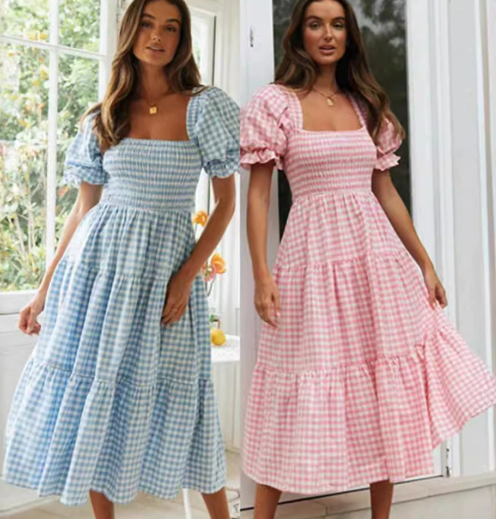 Plaid Bubble Sleeve Smocked Dress