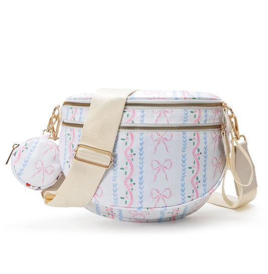 Pink Bow Blue White XL Crossbody Bag + Coin Purse