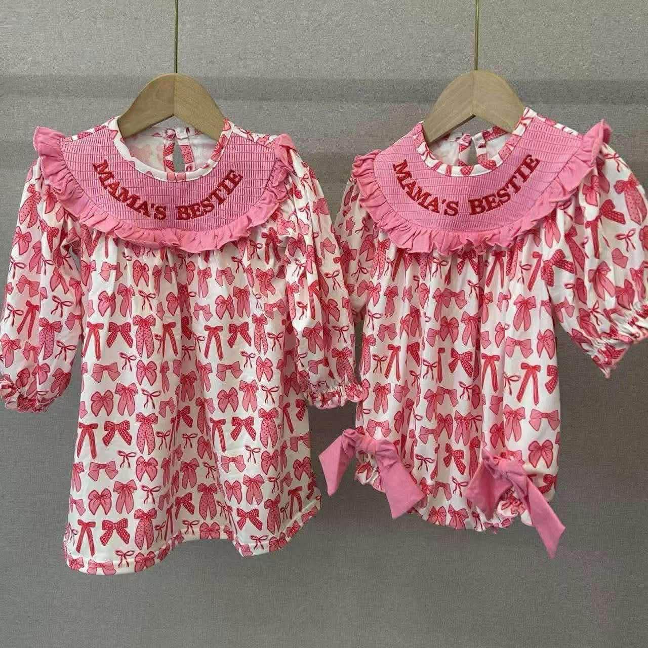 Mama's Bestie Smock Embroidered Pink Bow Dress + Bubble
