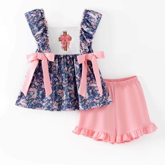 Pink Bow Blue Florals Cross Top W/ Pink Shorts