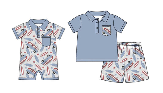 Retro Bus Surf Board Blue Romper + 2PC Set