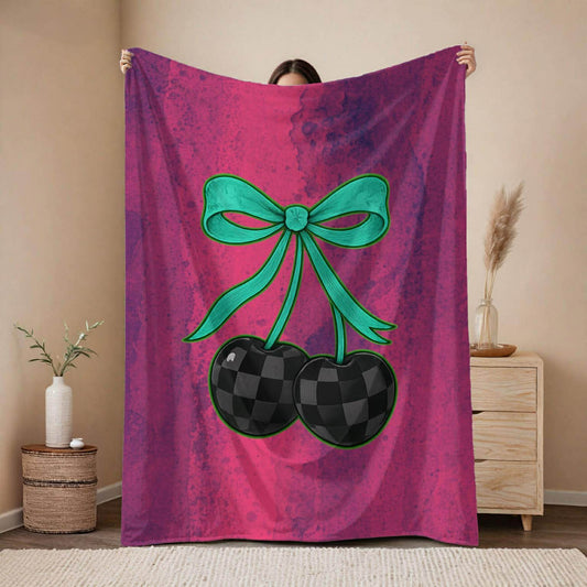 Checkered Cherries Purple Magenta Splash Fleece Blanket