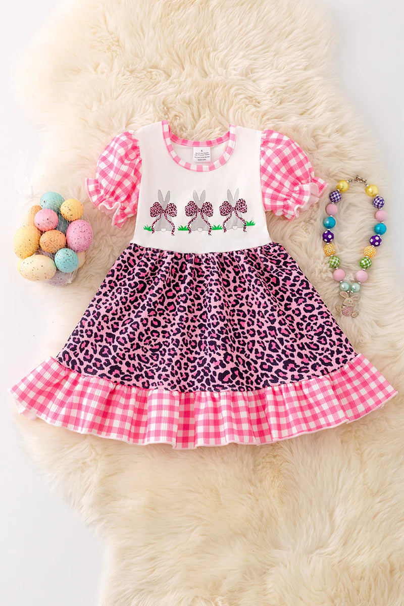 Easter Bunny Leopard Bow Dress W/ Ruffle Hem