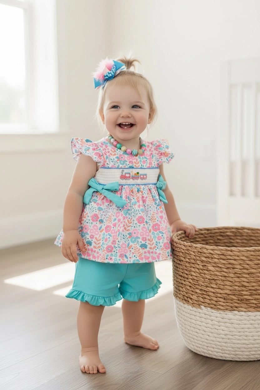 Floral Smock Easter Top W/ Blue Shorts
