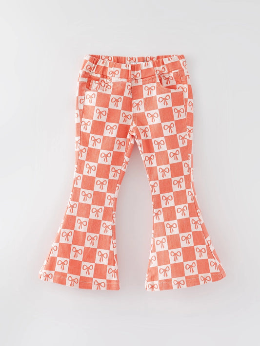 Orange Bow Checkered Stretch Denim Jeans