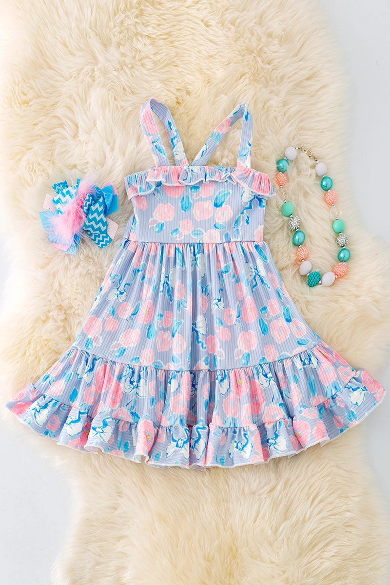 Blue Floral Ruffle Cross Tank Dress
