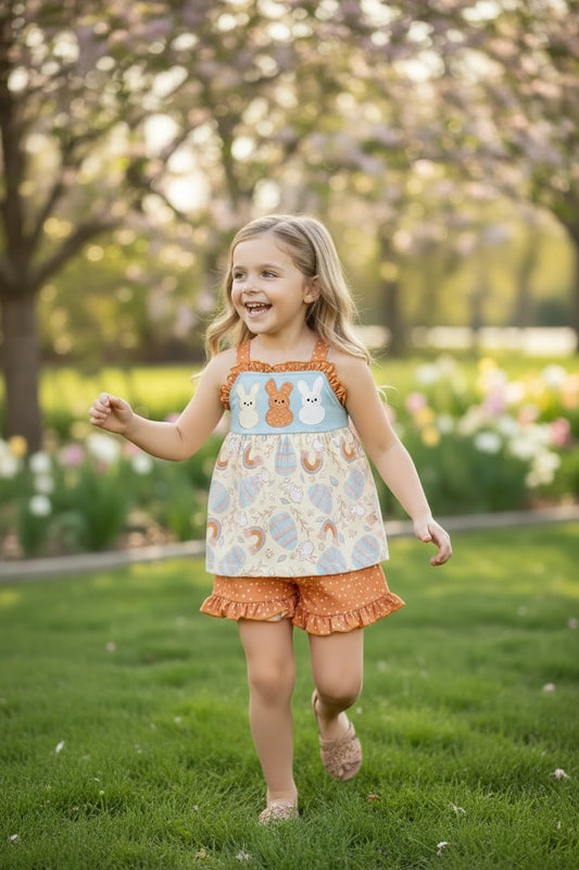 Bunny Applique Sleeveless Top W/ Polka Dot Shorts