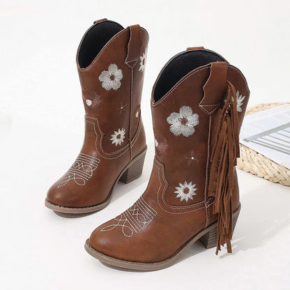 Embroidered Flower Fringe Cowgirl Boots