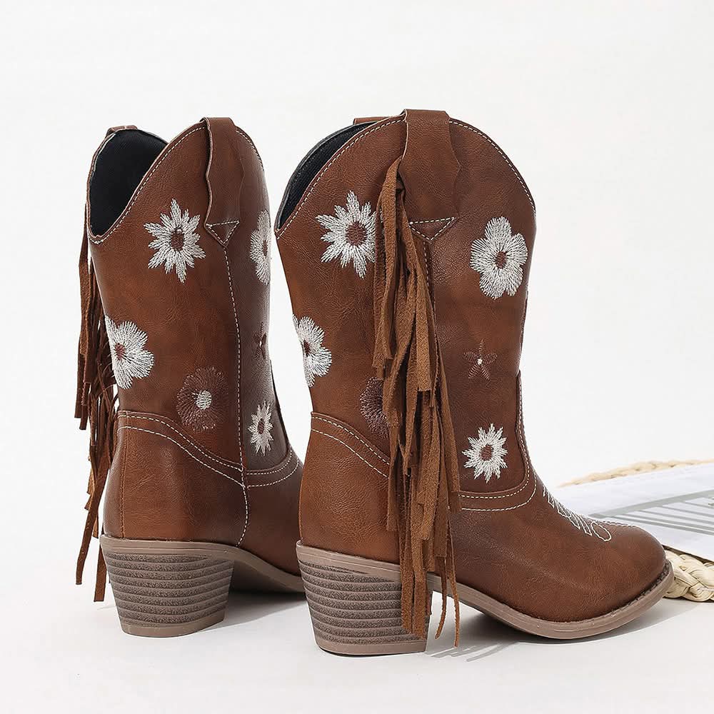 Embroidered Flower Fringe Cowgirl Boots