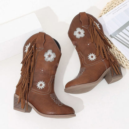 Embroidered Flower Fringe Cowgirl Boots