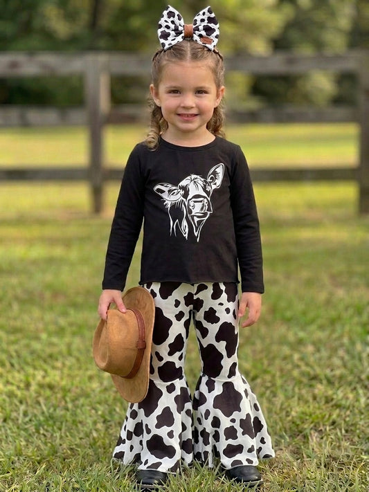 *SALE* Cow Black Long Sleeve Top W/ Cow Print Bells