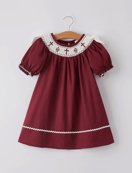 Dark Red Smocked Church Dress