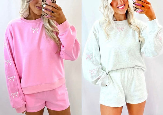 Women's Embroidered Bow Crewneck Sweatshirt & Shorts