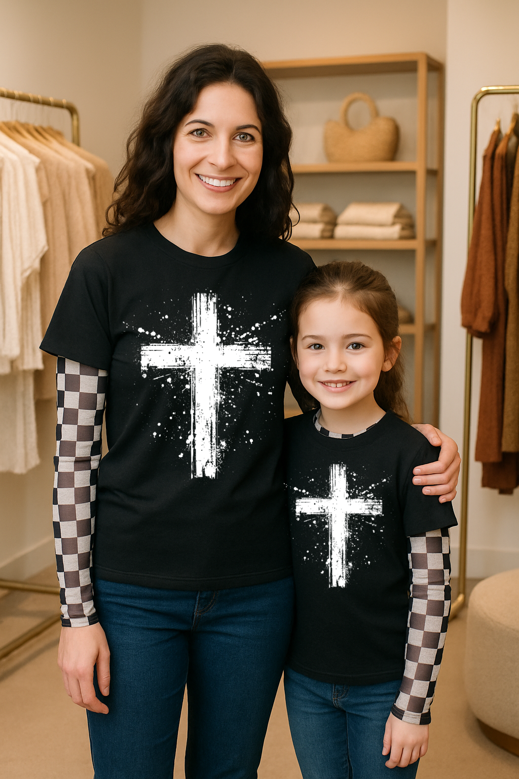 Mommy & Me Long Sleeve Checkered Mesh Top