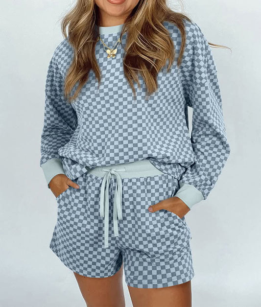 Women's Checkered Crewneck Sweatshirt & Shorts