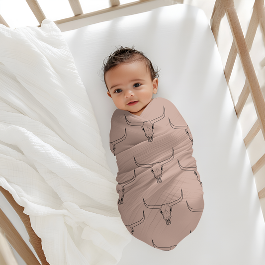 Tan Western Steer Baby Swaddle W/ Hat + Headband