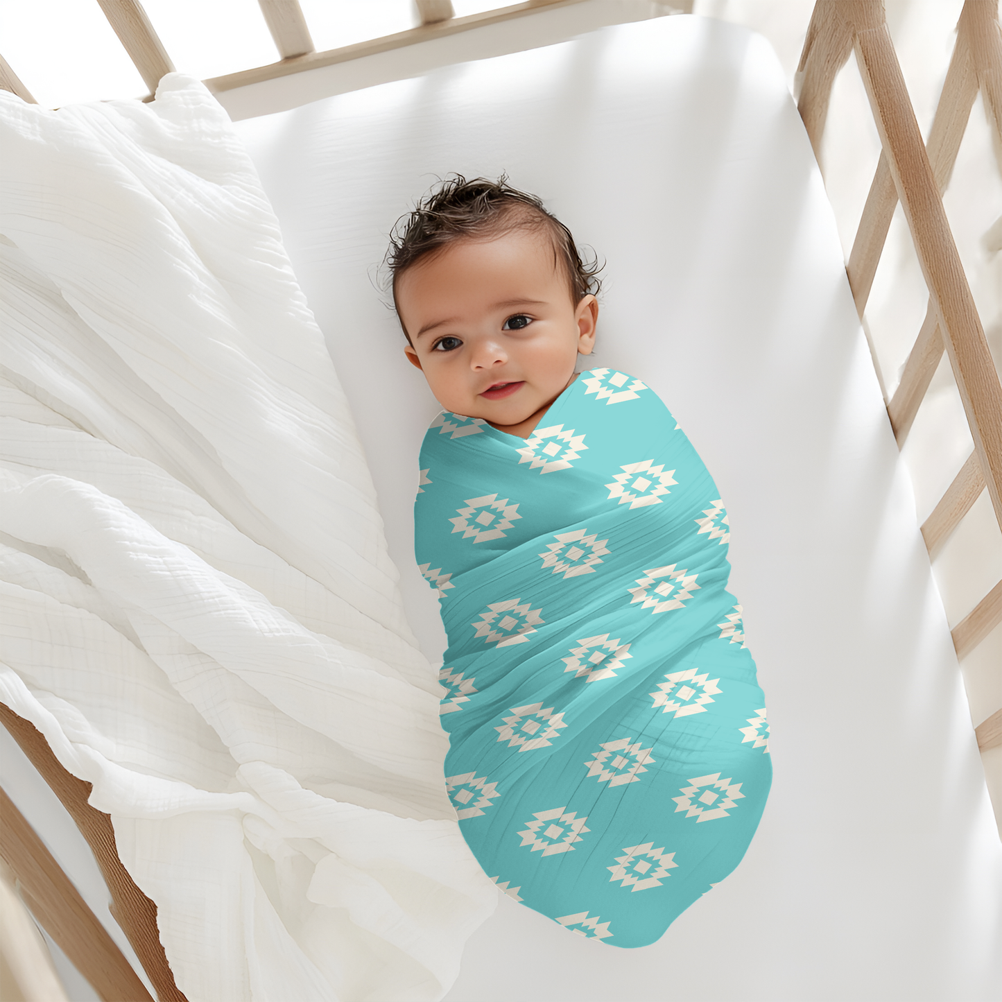 White Aztec Turquoise Baby Swaddle W/ Hat + Headband