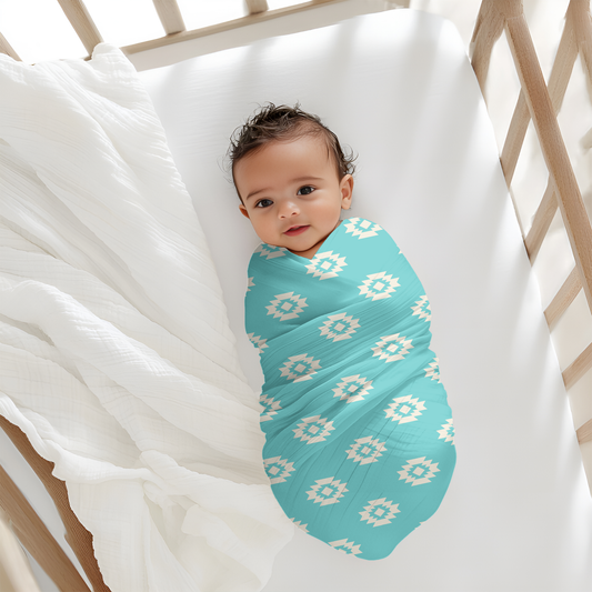 White Aztec Turquoise Baby Swaddle W/ Hat + Headband