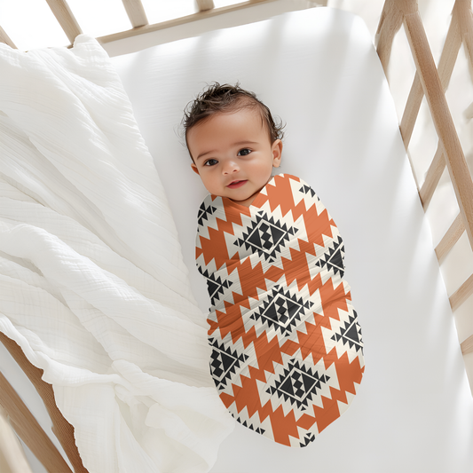 Orange Western Aztec Baby Swaddle W/ Hat + Headband