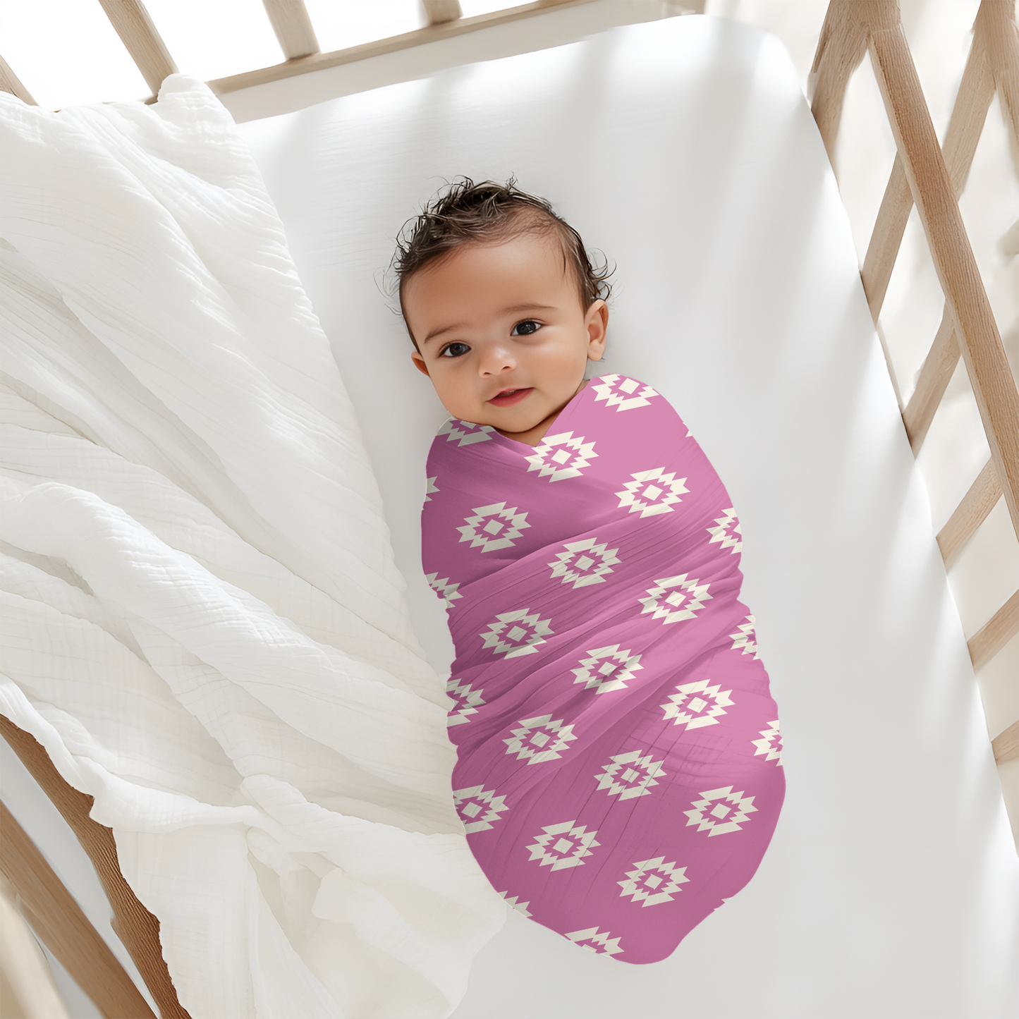 White Aztec Pink Baby Swaddle W/ Hat + Headband