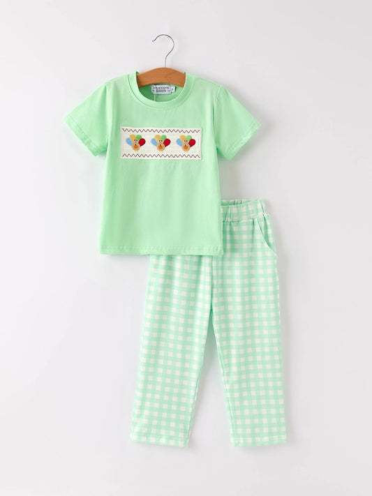 Green Thanksgiving Smock Embroidered Top W/ Plaid Pants